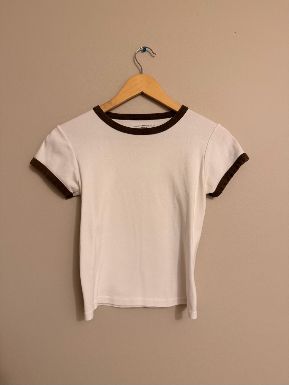 Brandy Melville White Ringer Tee with Brown Trim (One size)